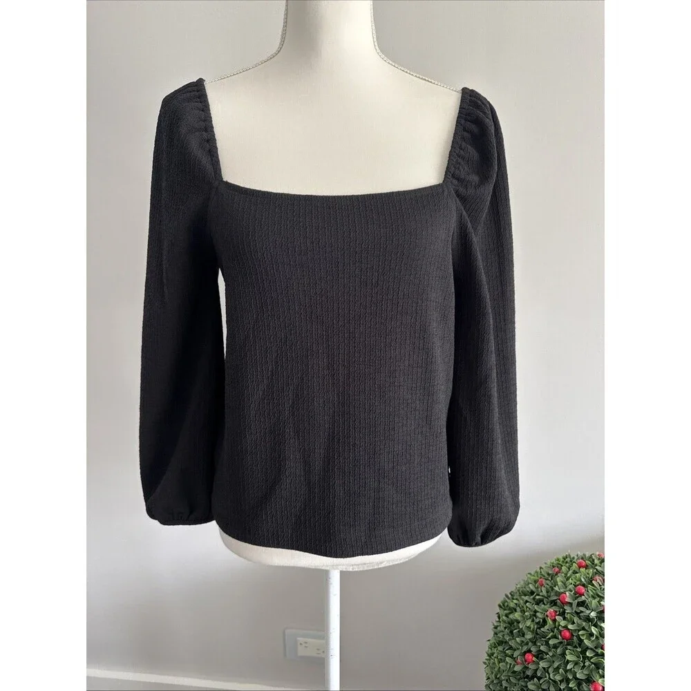 Madewell Sz S Crepe Square Neck Puff Sleeve Top Black Polyester Off Shoulder